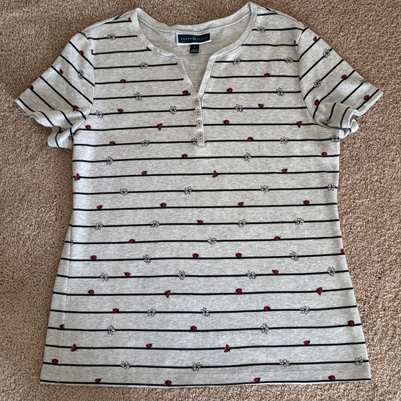 Karen Scott Tops - Karen Scott Women's Striped Top Gray woth ladybugs & flowers like new